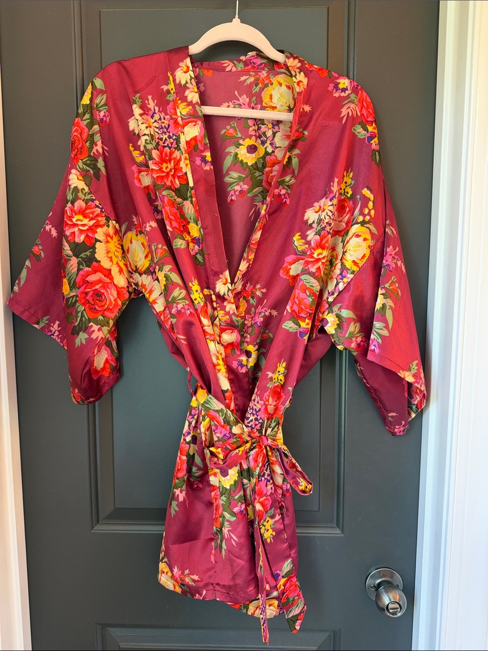 Floral Satin Kimono Robe in Deep Wine by